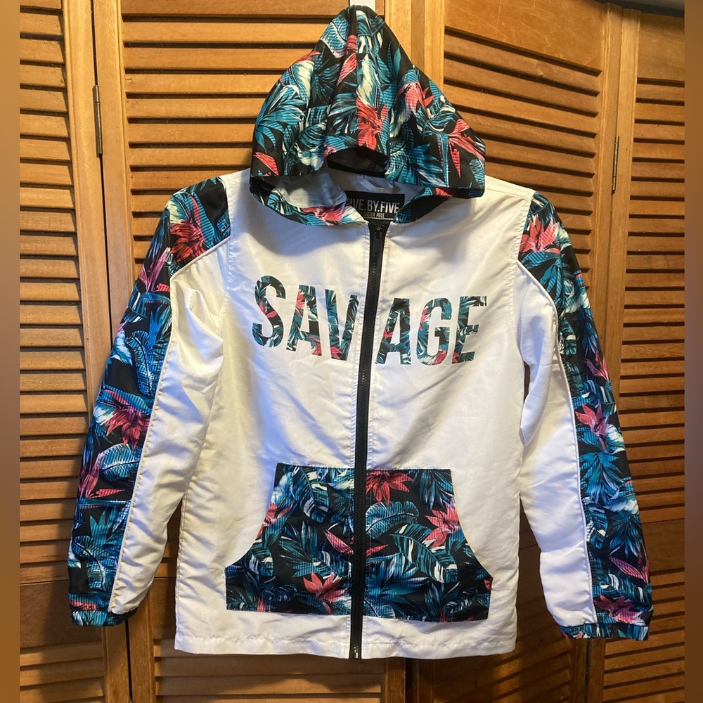 FIVE.BY.FIVE By Master Piece SAVAGE White & Floral Print Hooded Windbreaker